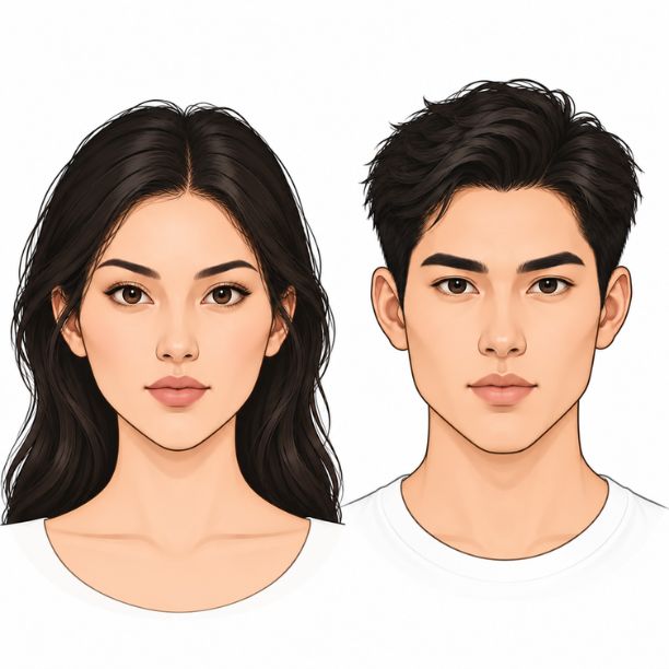 Woman and man with diamond face shapes featuring prominent cheekbones, narrower foreheads, and tapered chins.