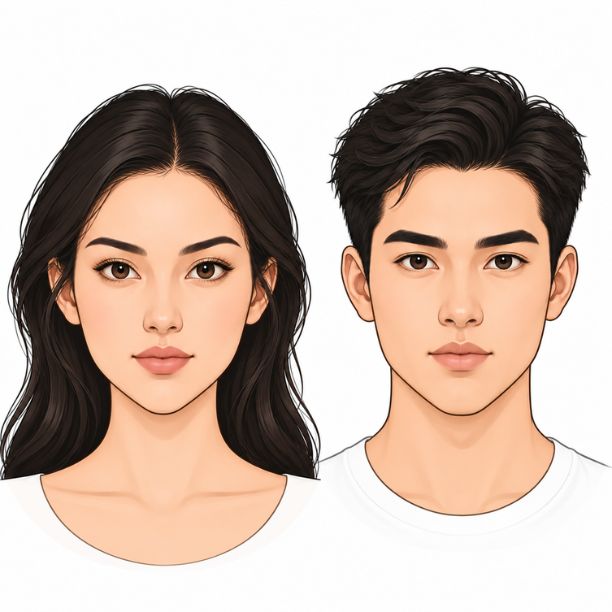Woman and man with heart-shaped faces featuring broader foreheads and narrower, tapered chins.