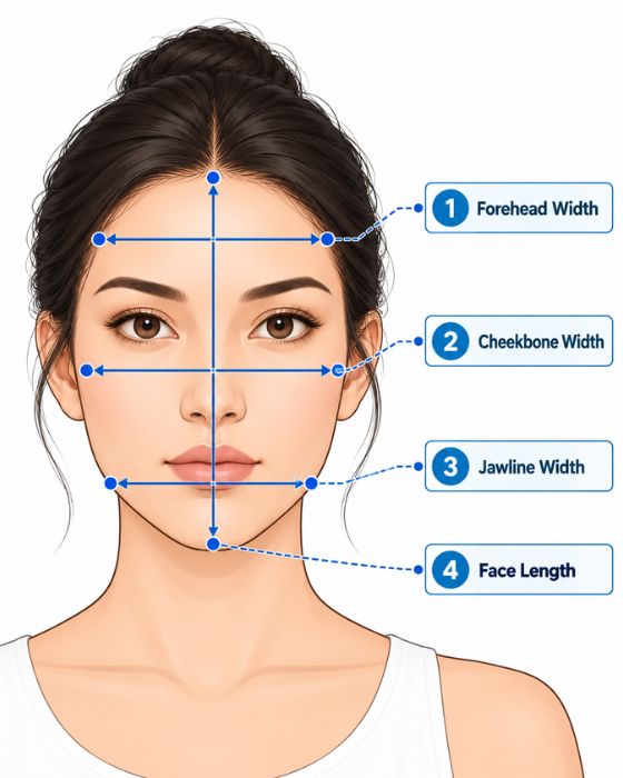Face shape measurement diagram showing forehead width, cheekbone width, jawline width, and face length.
