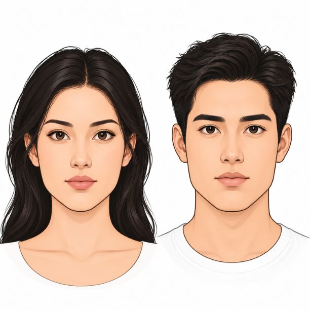Woman and man with oblong face shapes featuring elongated faces and relatively straight sides.