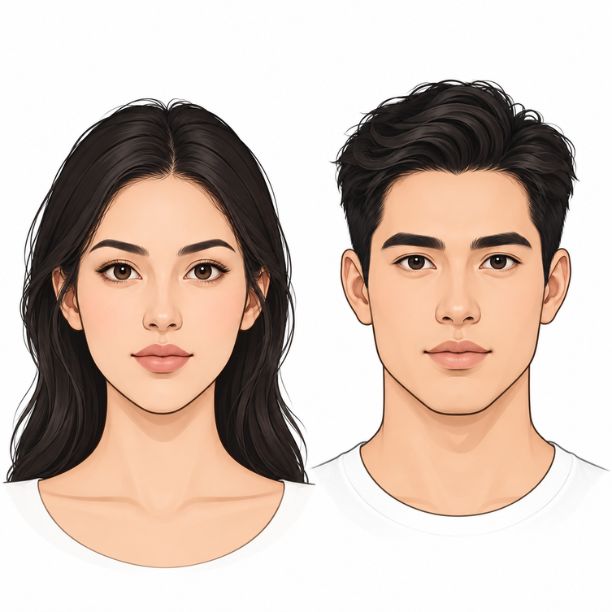 Woman and man with oval face shapes featuring gently tapered chins and balanced facial proportions.