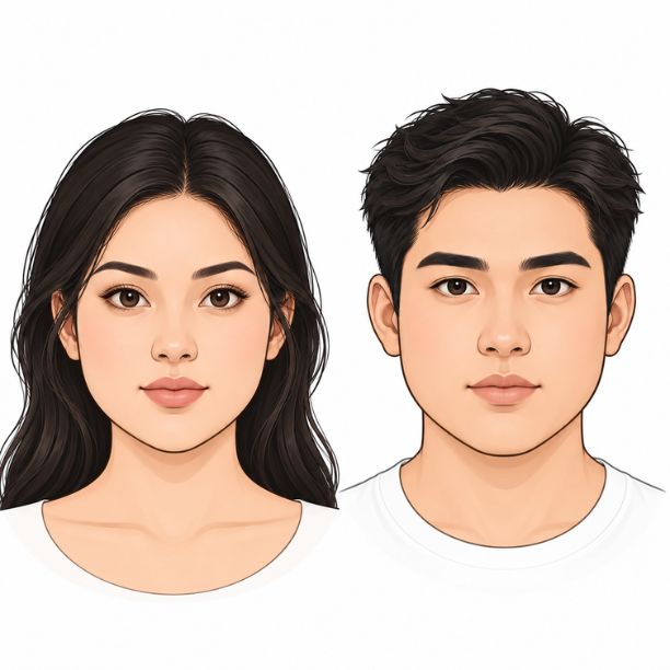 Woman and man with round face shapes featuring full cheeks, curved jawlines, and rounded chins.