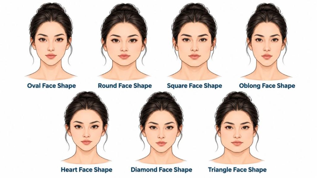 Infographic comparing seven common face shapes: oval, round, square, oblong, heart, diamond, and triangle.