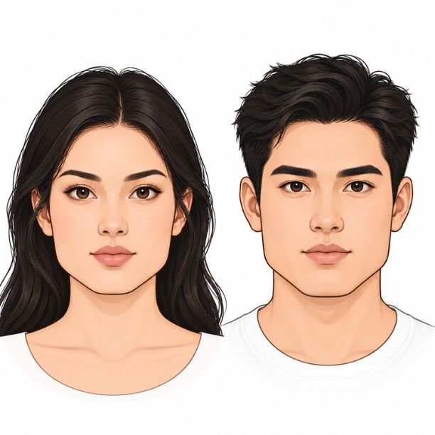 Woman and man with square face shapes featuring broad jawlines, defined jaw corners, and angular facial outlines.
