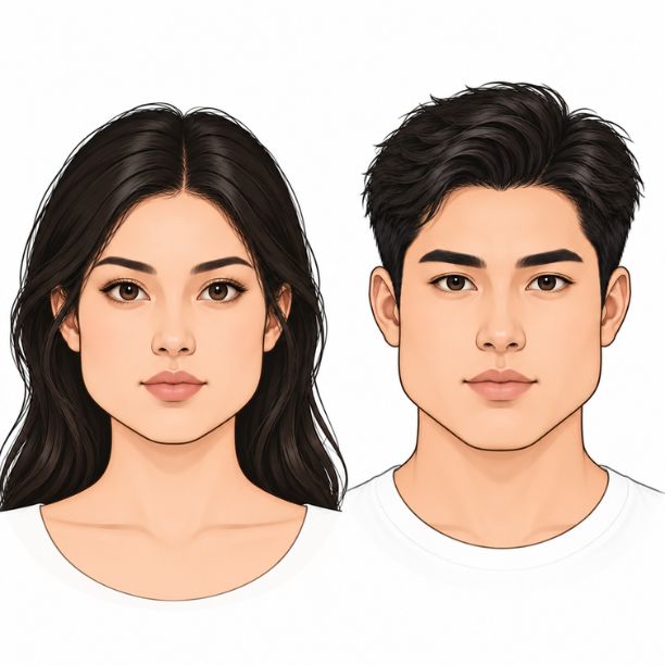 Woman and man with triangle face shapes featuring narrower foreheads and wider jawlines.